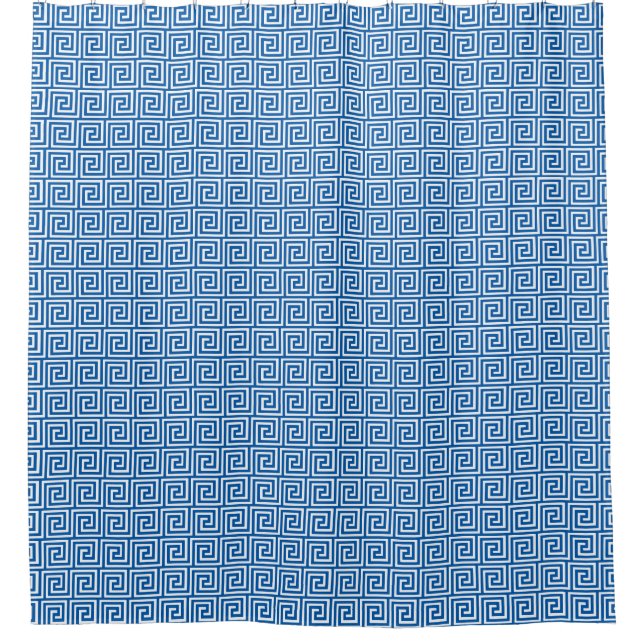 Greek Key Pattern, Cerulean Blue and White Shower  Shower Curtain (Front)