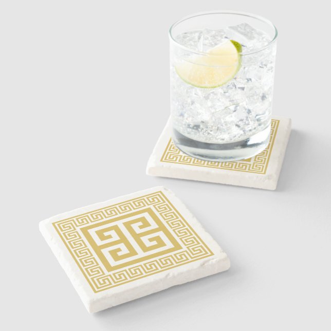 Greek Key Pattern Golden Design Stone Coaster (Side)