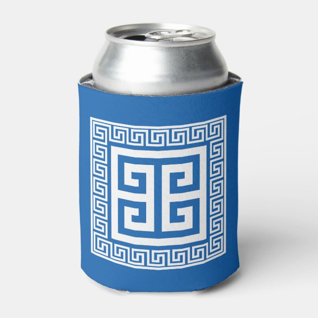 Greek Key Pattern White And Blue Design Can Cooler (Can Front)