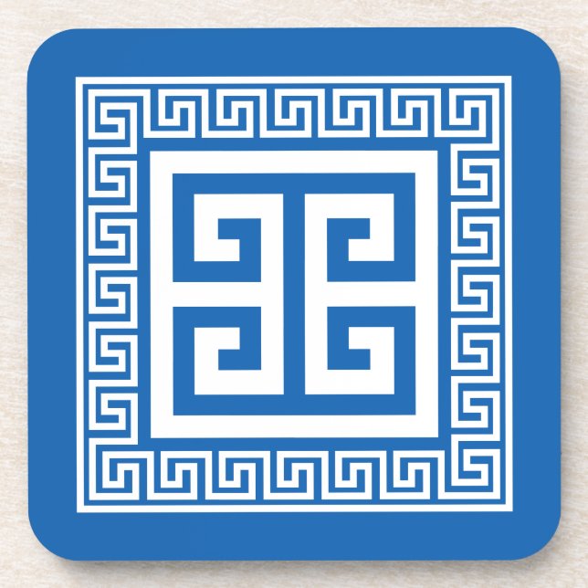 Greek Key Pattern White And Blue Design Coaster (Front)