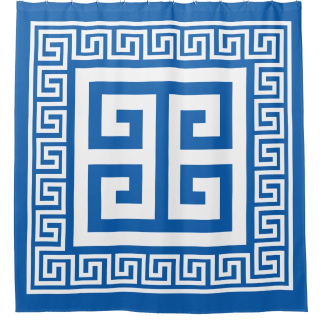 Greek Key Pattern White And Blue Design Shower Curtain (Front)