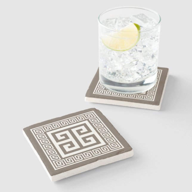 Greek Key Pattern White And Brown Design Stone Coaster (Side)
