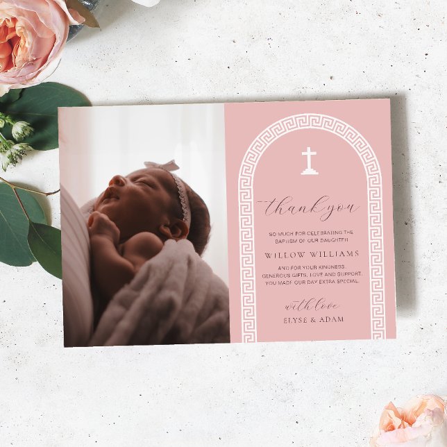 Greek Key Pink Photo Baptism Thank You Card (Creator Uploaded)