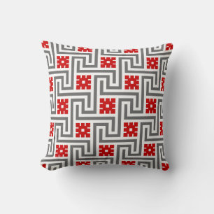 Greek Key, Red, White and Grey / Grey Cushion