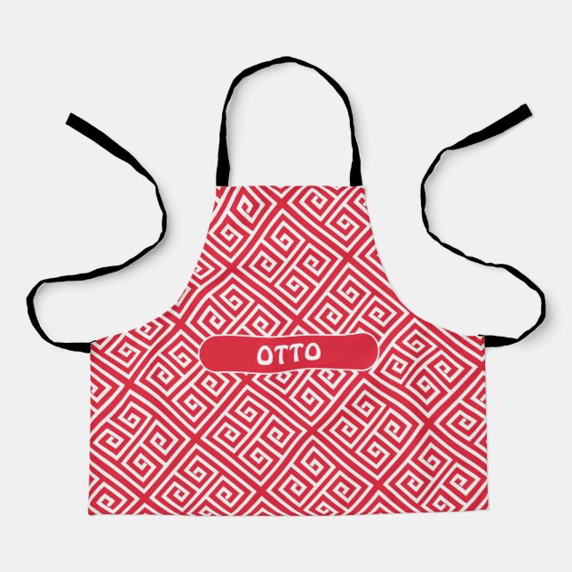 Greek Key Red White Minimal Pattern Apron (Front)