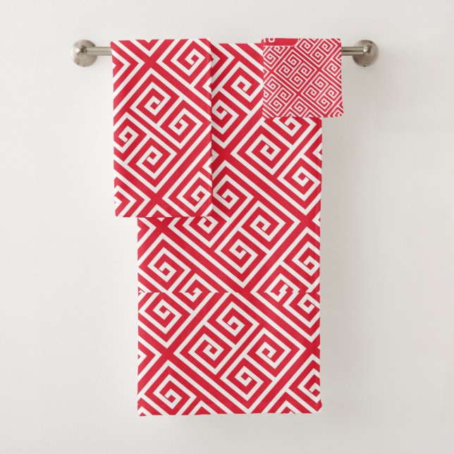 Greek Key Red White Minimal Pattern Bath Towel Set (Insitu)