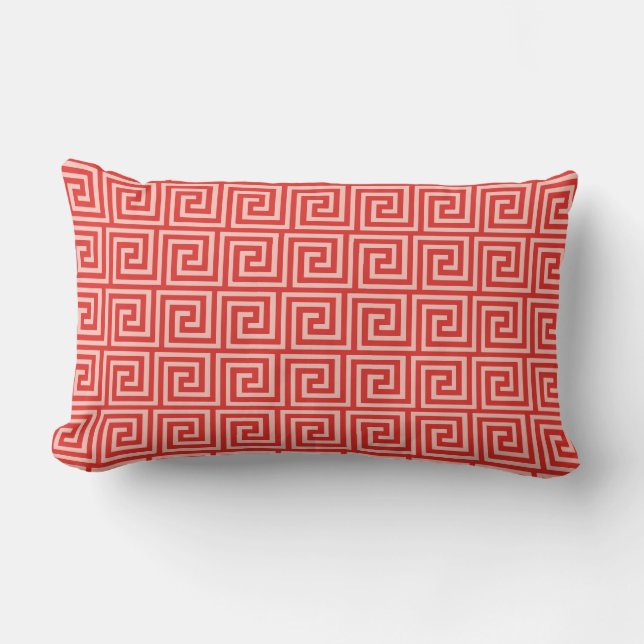Greek Key, shades of coral pink Lumbar Cushion (Front)
