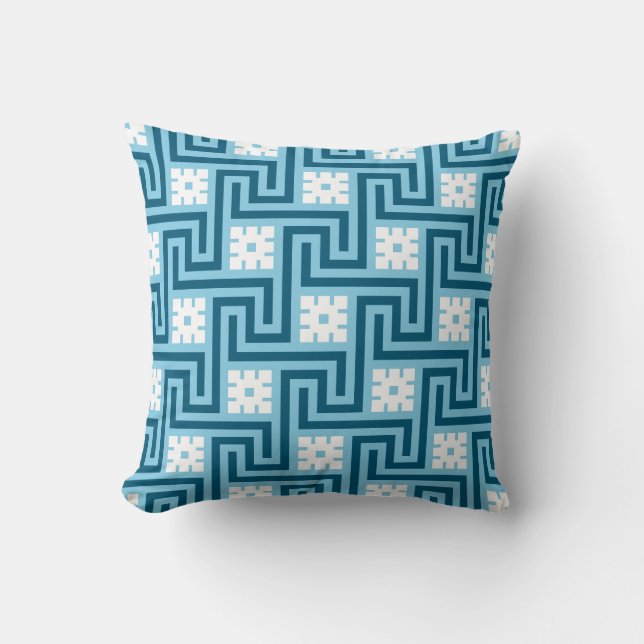 Greek Key, Sky Blue and Navy Lumbar Pillow (Front)