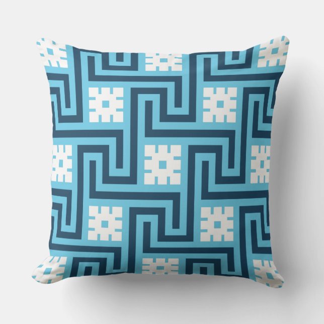 Greek Key, Sky Blue, Navy and White Cushion (Front)