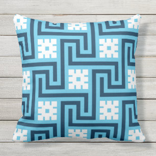 Greek Key, Sky Blue, Navy and White Cushion