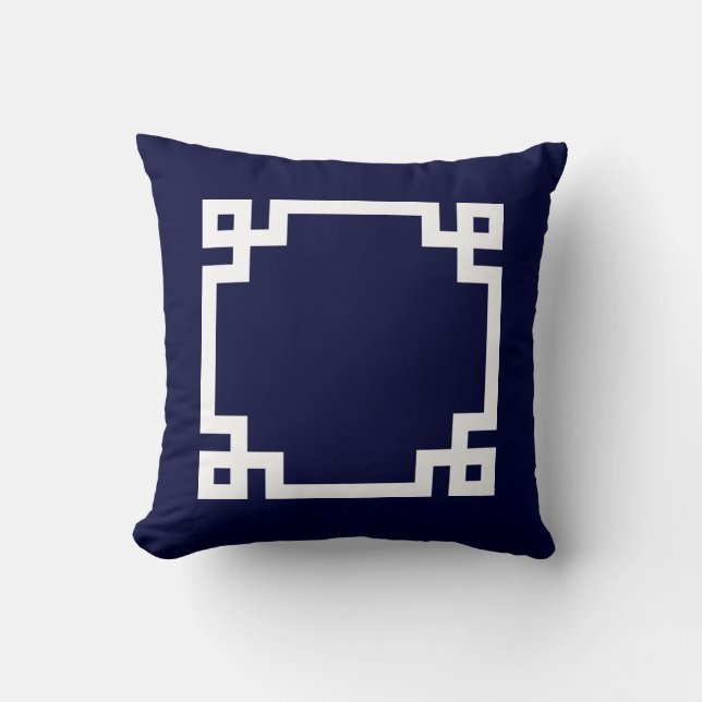 Greek Key Square White On Navy Blue Cushion (Front)