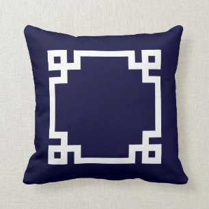Greek Key Square White On Navy Blue Cushion