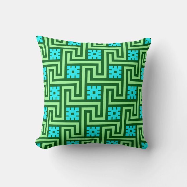 Greek Key, Turquoise and Jade Green Cushion (Front)