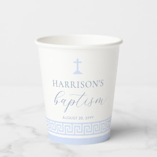 Greek Key White Blue Baptism Paper Cups