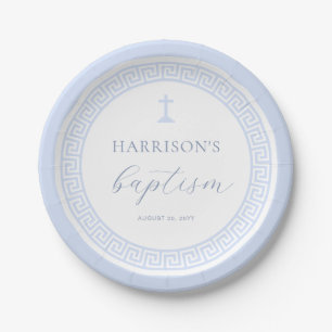 Greek Key White Blue Baptism Paper Plate