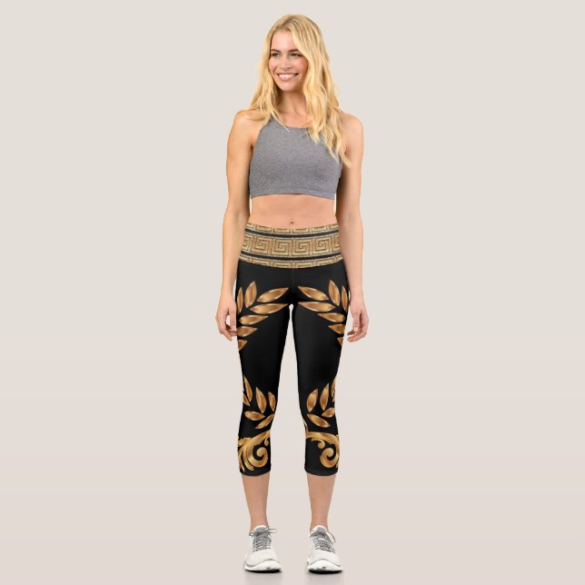 Greek Key with French Empire Laurel Wreath  Capri Leggings (Front)