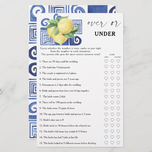 Greek Lemons - Over or under bridal shower game (Front/Back)