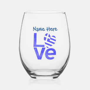 Greek LOVE Blue Personalised Stemless Wine Glass