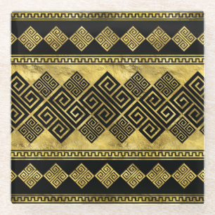 Greek Meander - Greek Key Black and gold Glass Coaster