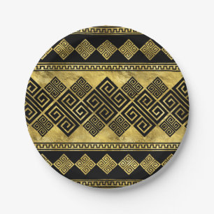 Greek Meander - Greek Key Black and gold Paper Plate