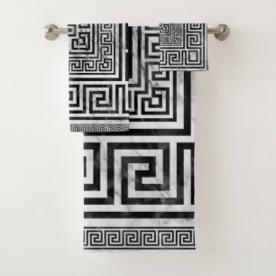 Greek Meander - Greek Key Black and White Marble Bath Towel Set