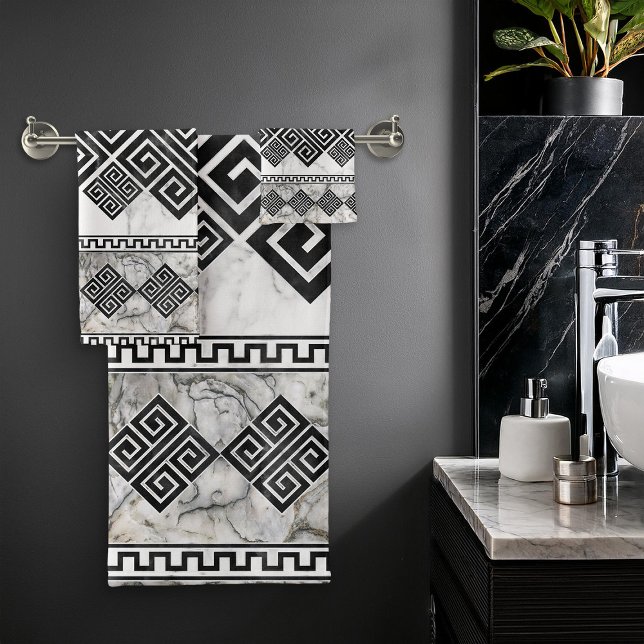 Greek Meander - Greek Key Black and White Marble Bath Towel Set (Creator Uploaded)