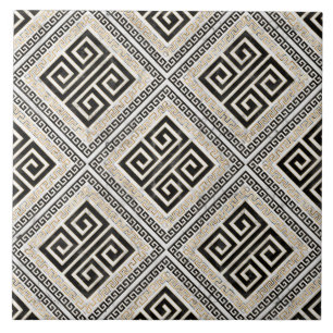 Greek Meander - Greek Key Black and White Marble Ceramic Tile