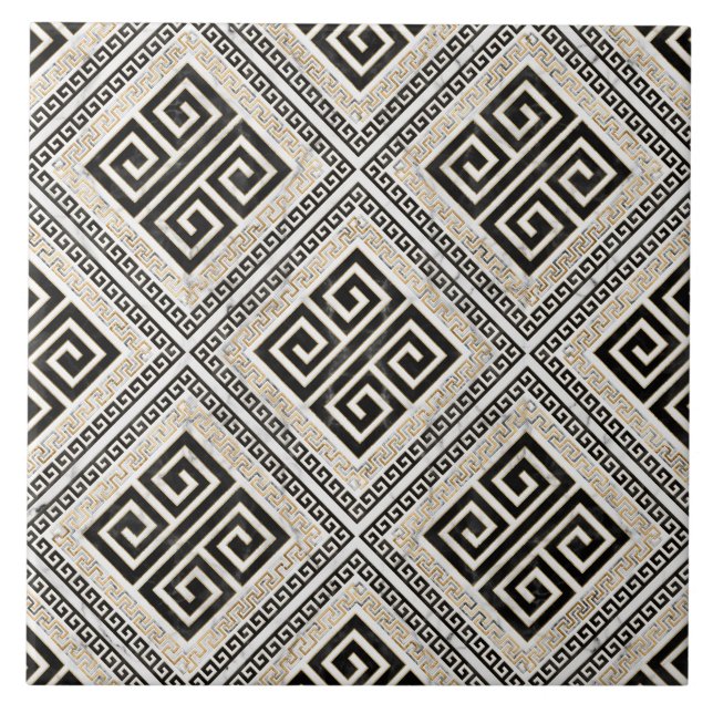 Greek Meander - Greek Key Black and White Marble Ceramic Tile (Front)