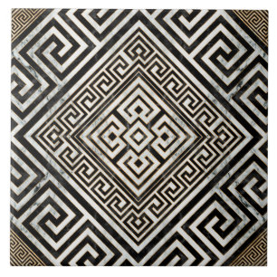 Greek Meander - Greek Key Black and White Marble Ceramic Tile