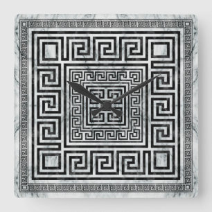 Greek Meander - Greek Key Black and White Marble Square Wall Clock