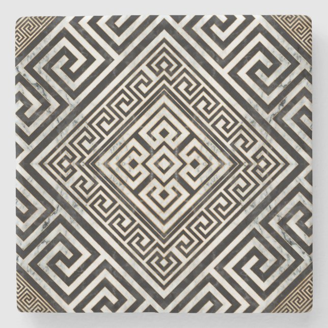 Greek Meander - Greek Key Black and White Marble Stone Coaster (Front)