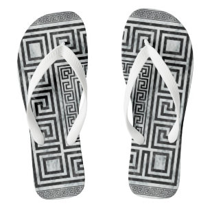 Greek Meander - Greek Key Black and White Marble Thongs