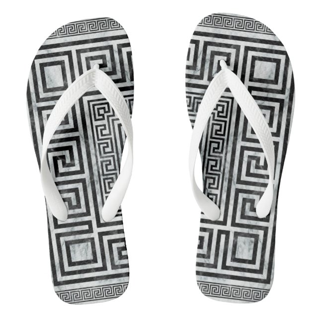 Greek Meander - Greek Key Black and White Marble Thongs (Footbed)