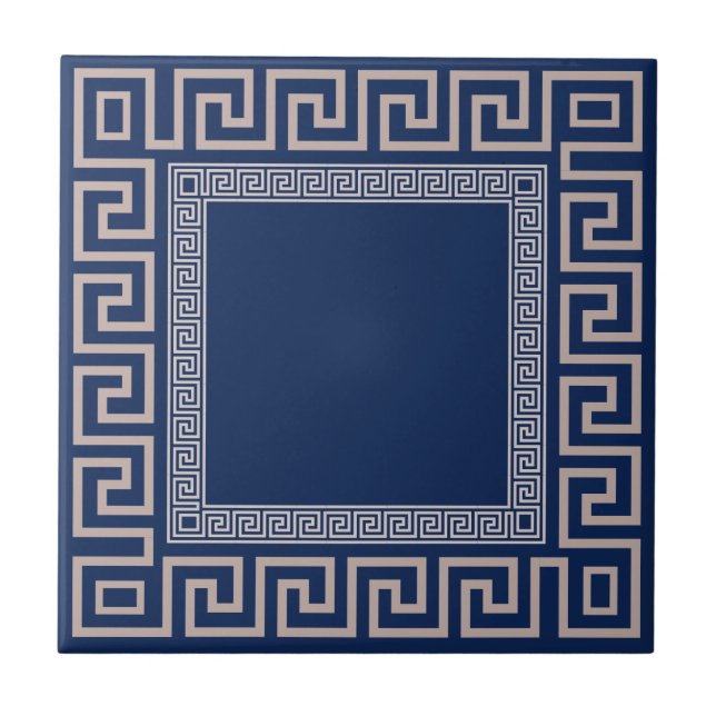Greek Meander - Greek Key - Blue and beige Ceramic Ceramic Tile (Front)