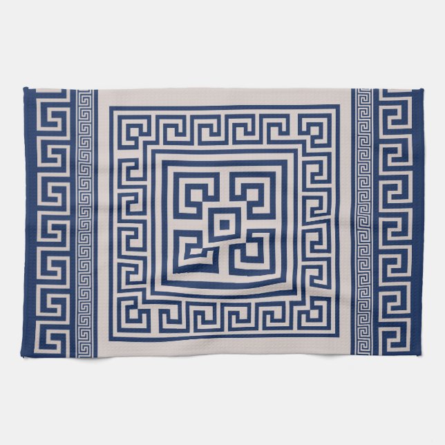 Greek Meander - Greek Key - Blue and beige Tea Towel (Horizontal)