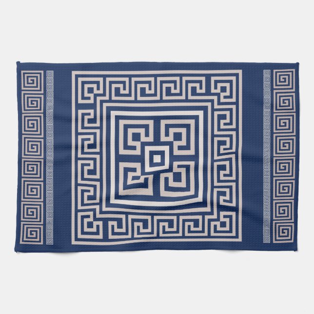 Greek Meander - Greek Key - Blue and Beige Tea Towel (Horizontal)