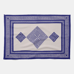 Greek Meander - Greek Key - Blue and Beige Tea Towel