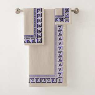 Greek Meander - Greek Key - Blue and cream Bath Towel Set