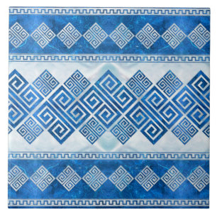 Greek Meander - Greek Key Blue gemstone and pearl Ceramic Tile