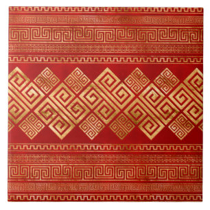 Greek Meander - Greek Key - Gold on Red #1 Ceramic Tile
