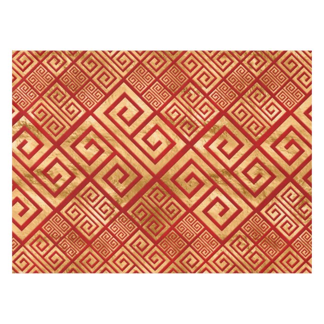Greek Meander - Greek Key - Gold on Red #2 Tablecloth (Front (Horizontal))