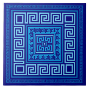 Greek Meander - Greek Key - Shades of blue Ceramic Tile