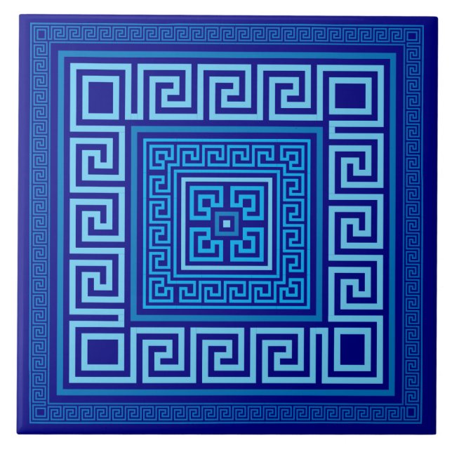 Greek Meander - Greek Key - Shades of blue Ceramic Tile (Front)
