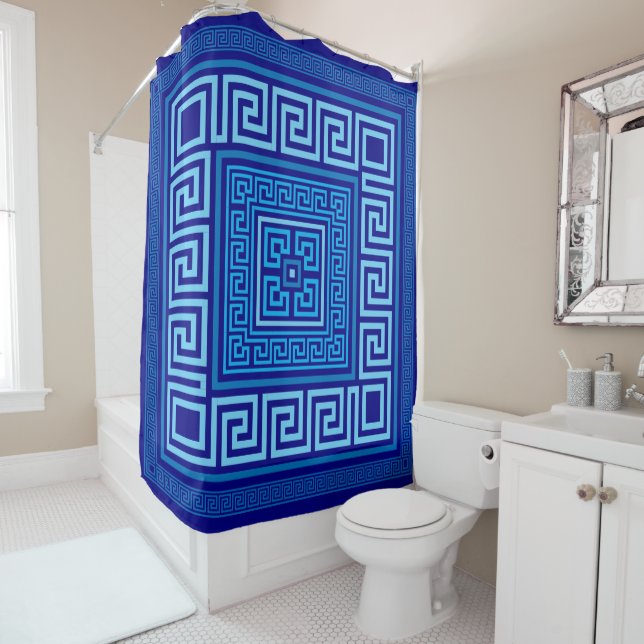 Greek Meander - Greek Key - Shades of blue Shower Curtain (In Situ)