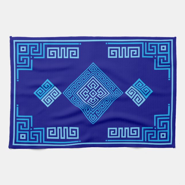 Greek Meander - Greek Key - Shades of blue Tea Towel (Horizontal)