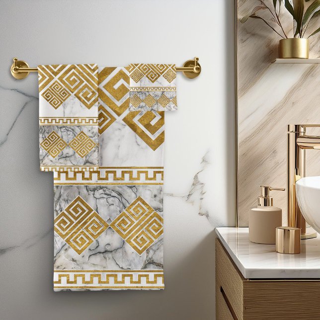 Greek Meander - Greek Key White Marble and Gold Bath Towel Set (Creator Uploaded)