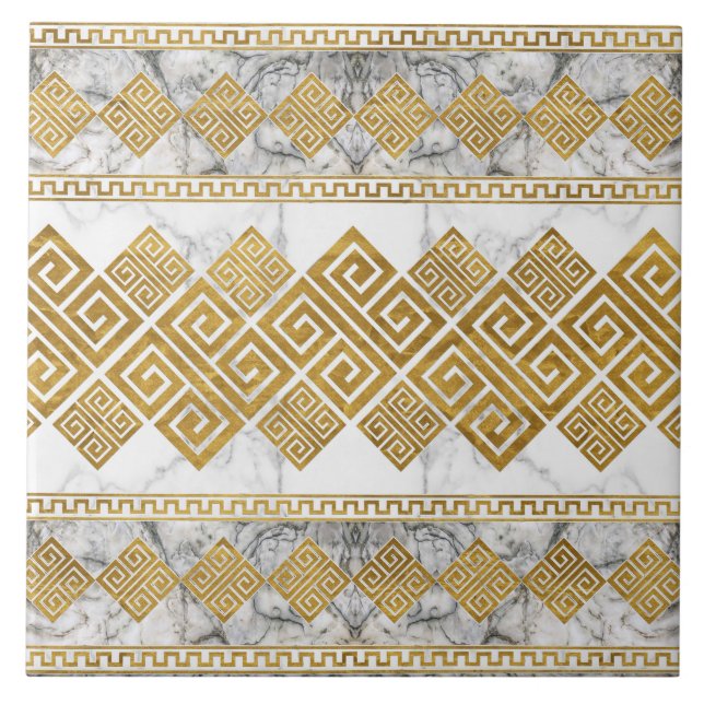 Greek Meander - Greek Key White Marble and Gold Ceramic Tile (Front)
