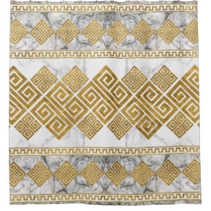 Greek Meander - Greek Key White Marble and Gold Shower Curtain