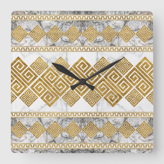 Greek Meander - Greek Key White Marble and Gold Square Wall Clock (Front)