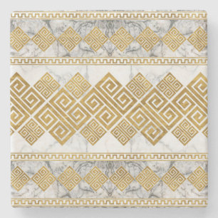 Greek Meander - Greek Key White Marble and Gold Stone Coaster